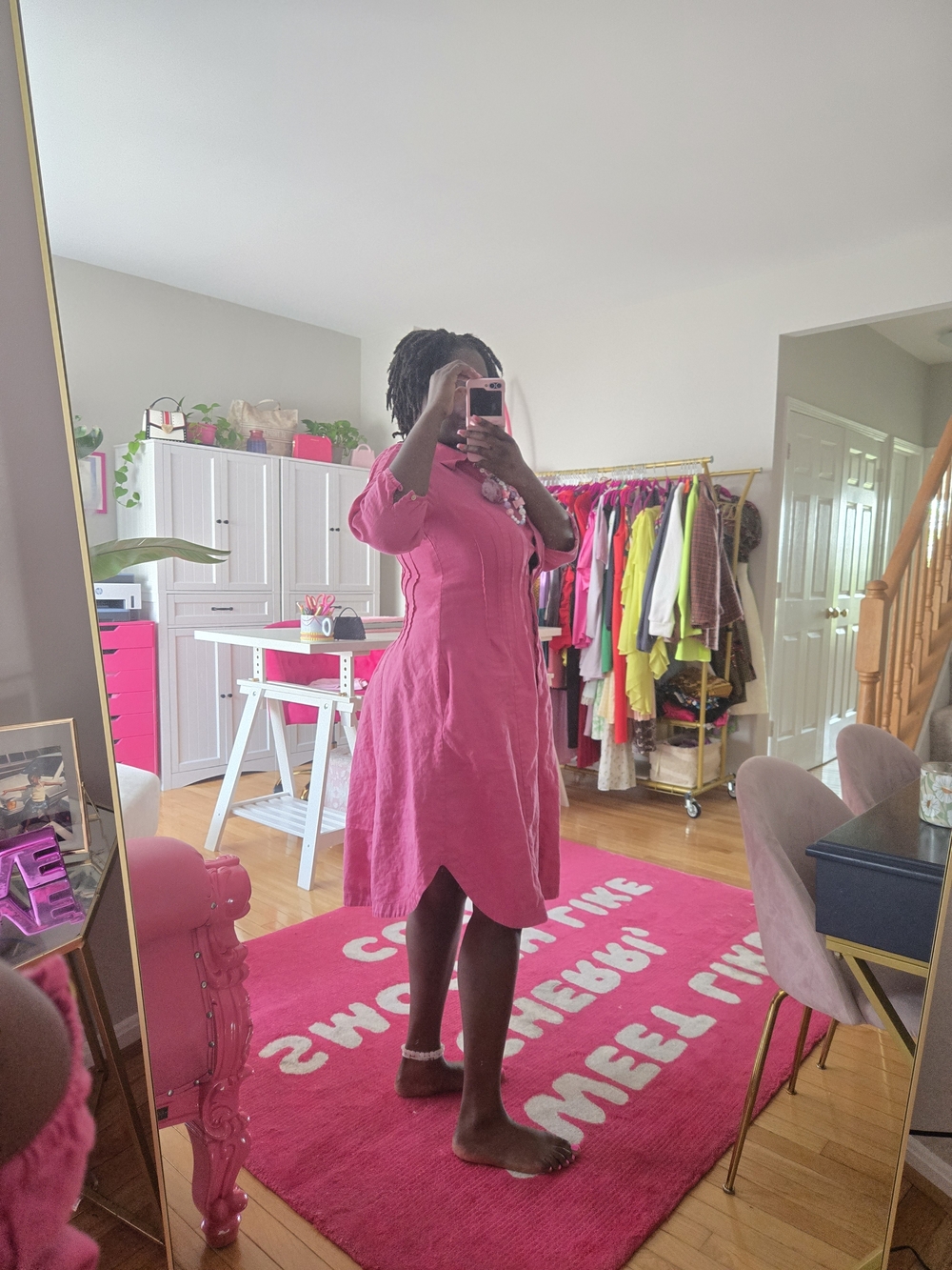 Pink Linen Button-Front Midi Dress - Picture 5 of 6